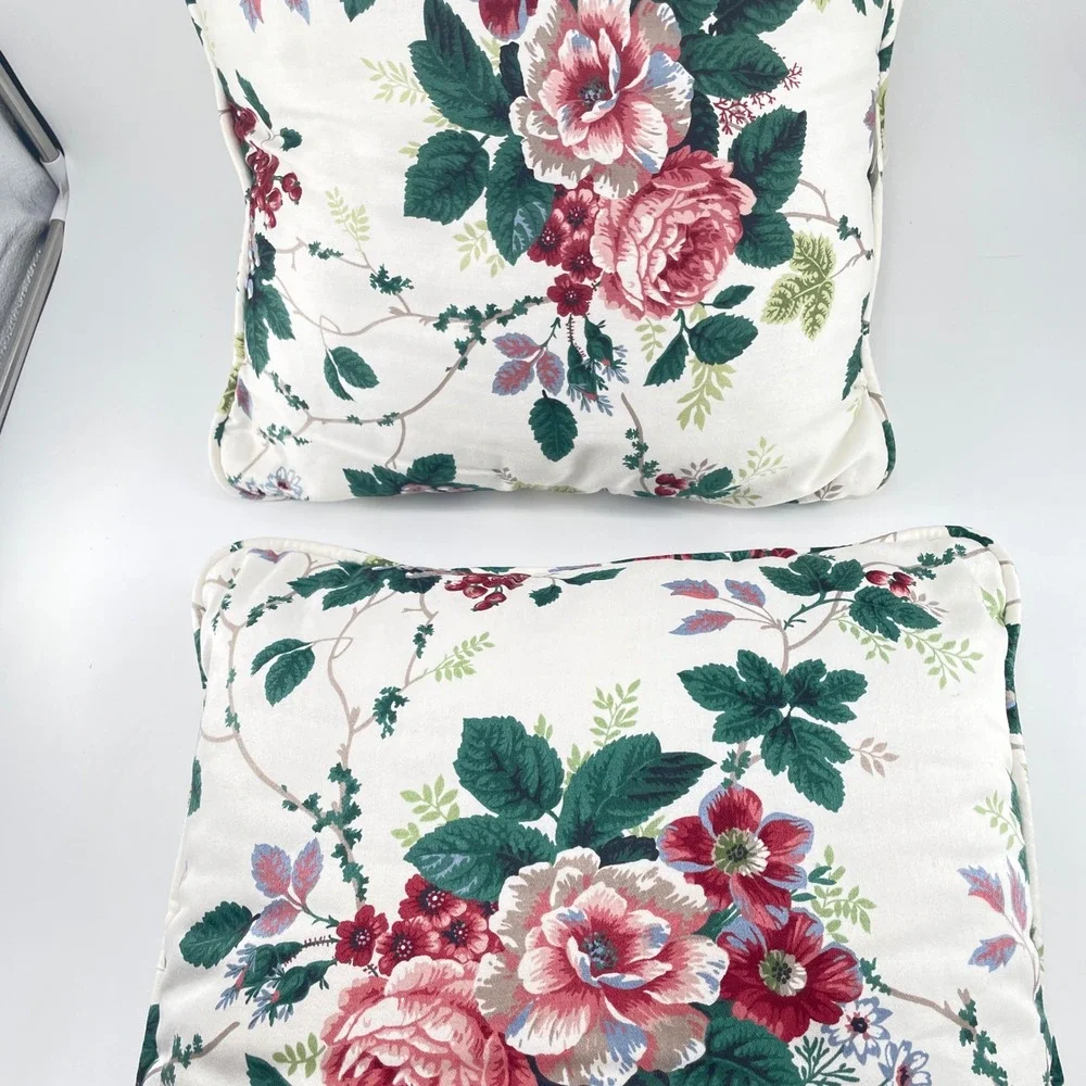 Waverly Floral Throw Pillows Cream Pink Green 16x16 Pair Traditional Cottagecore